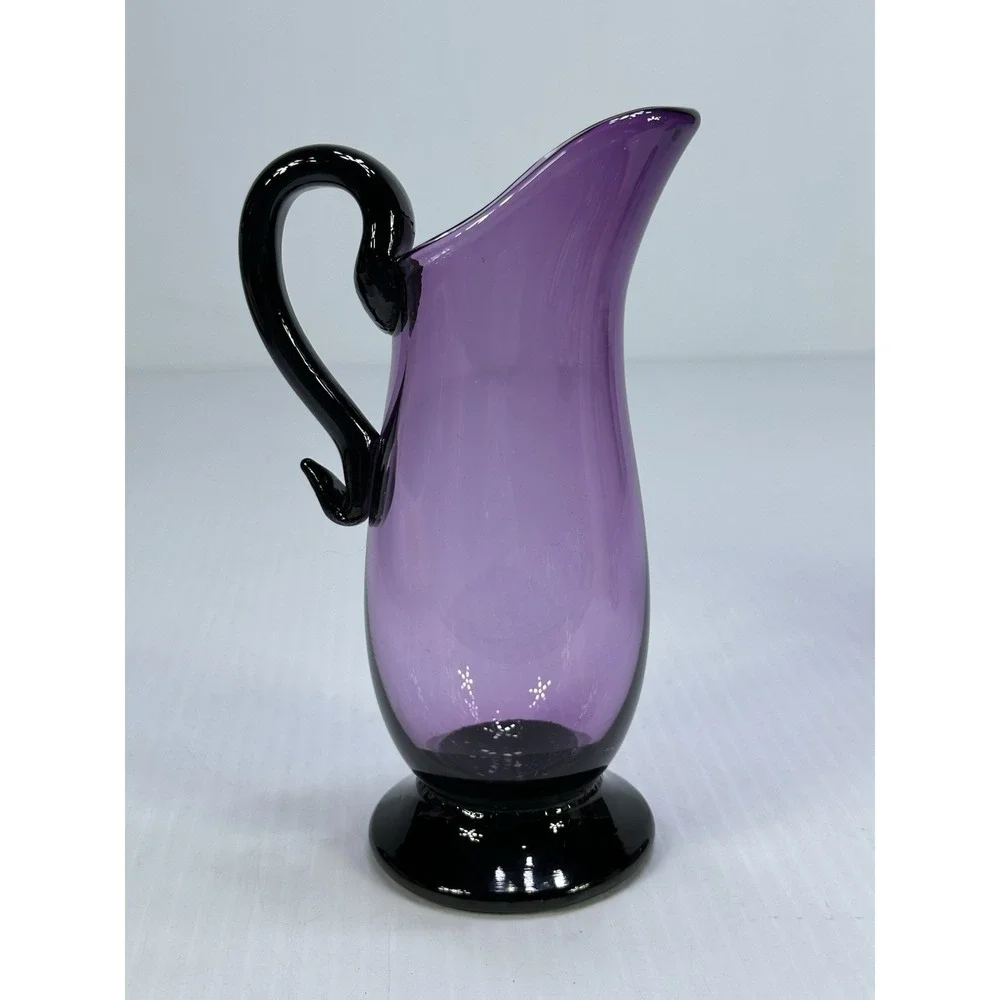 Vintage Purpla Amethyst Art Glass Footed Pitcher Vase Applied Handle Signed 6.5